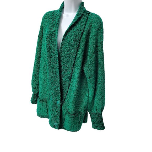 VTG Y2K Green Chunky Cardigan Sweater S Double Breasted V-Neck Oversized Pockets - Picture 15 of 16